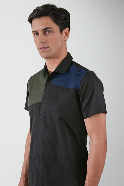 Colourblocked Smart Casual Black Shirt - HE SPOKE - For Men