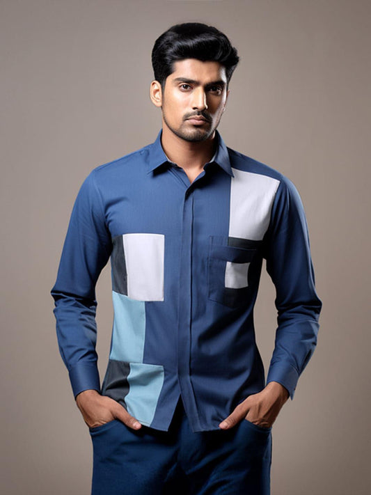 Colourblocked Smart Casual Blue Shirt - HE SPOKE - For Men