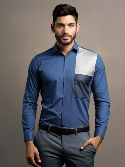 Colourblocked Smart Casual Blue Shirt - HE SPOKE - For Men