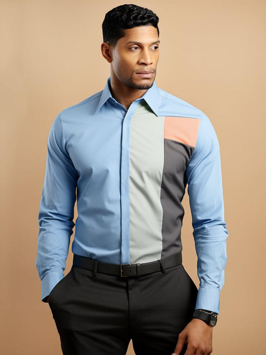 Colourblocked Smart Casual Blue Shirt - HE SPOKE - For Men