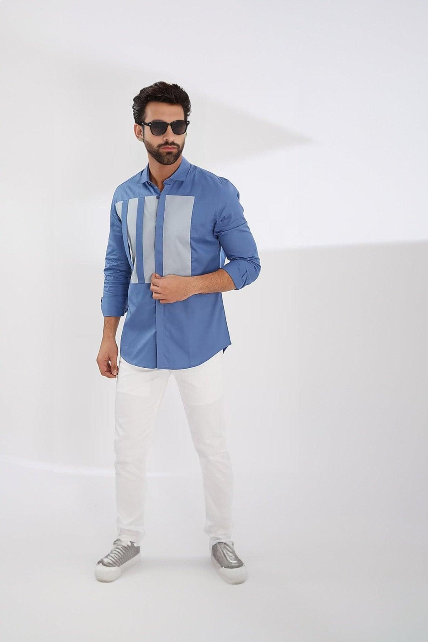 Colourblocked Smart Casual Blue Shirt - HE SPOKE - For Men