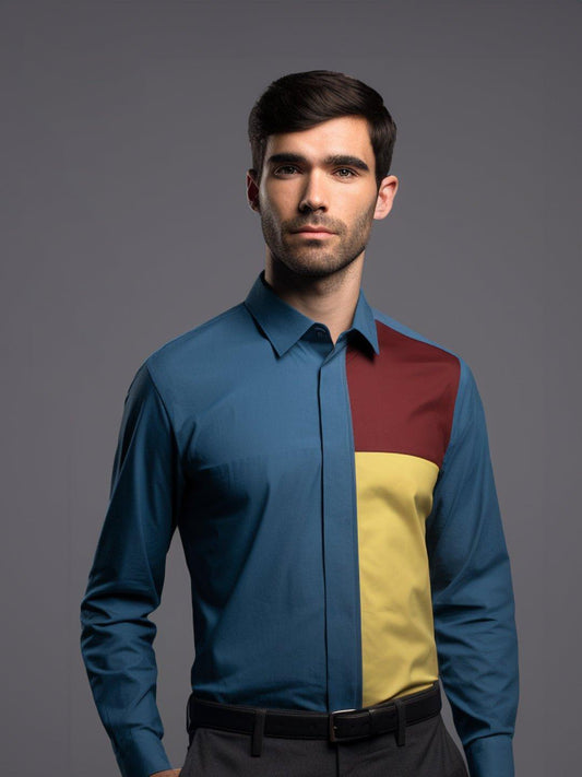 Colourblocked Smart Casual Blue Shirt - HE SPOKE - For Men