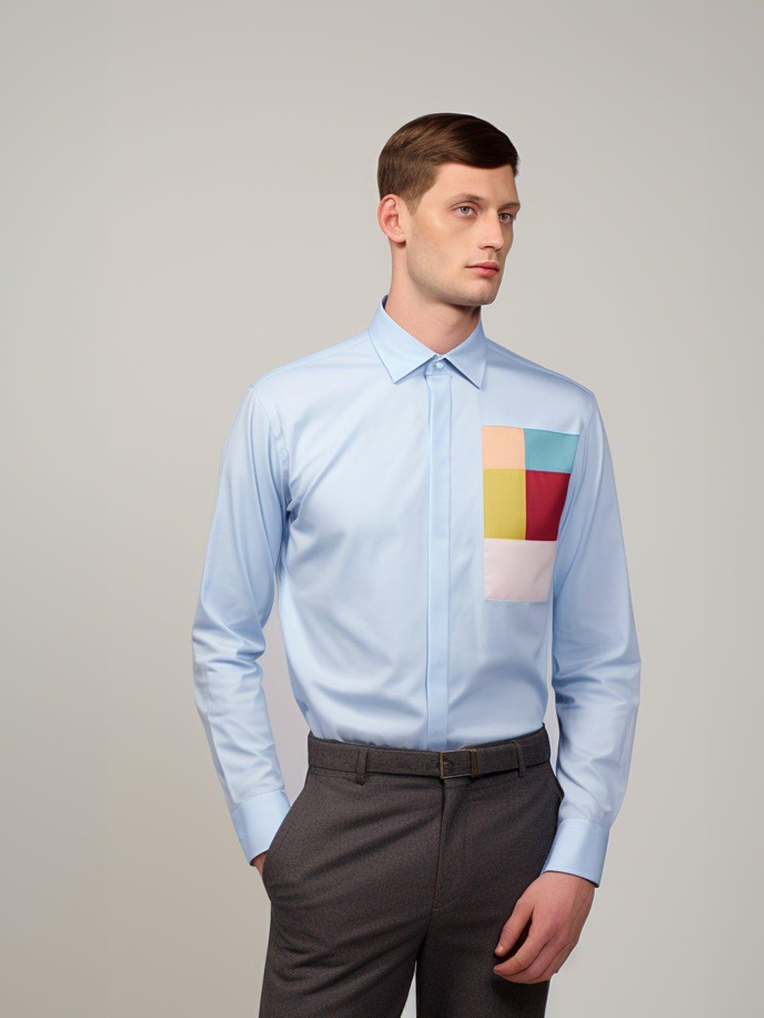 Colourblocked Smart Casual Blue Shirt - HE SPOKE - For Men