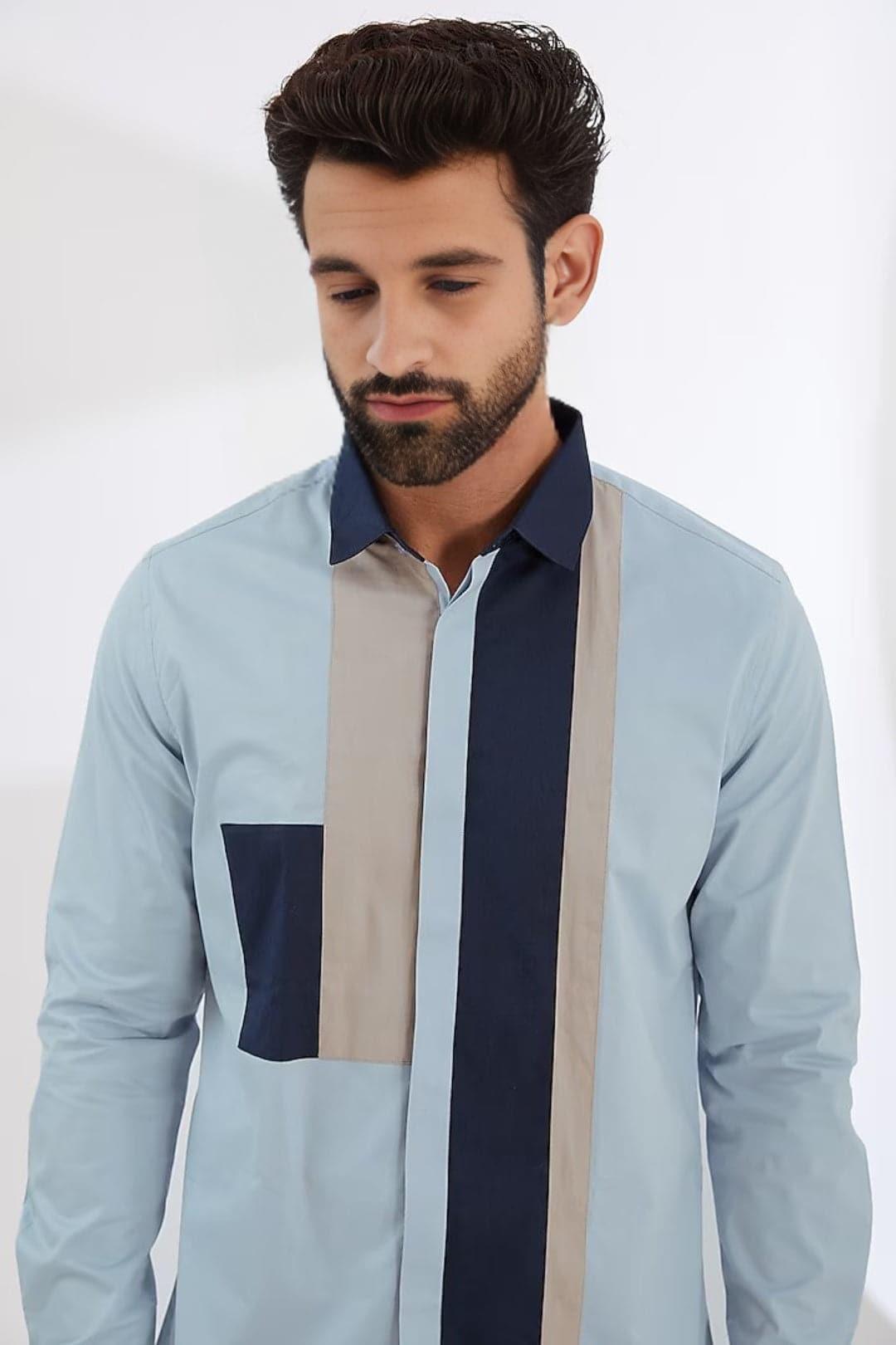 Colourblocked Smart Casual Blue Shirt - HE SPOKE - For Men