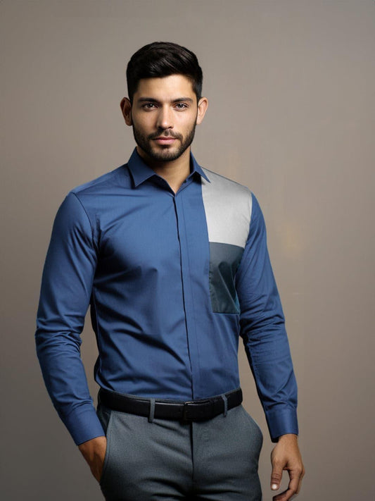 Colourblocked Smart Casual Blue Shirt - HE SPOKE - For Men