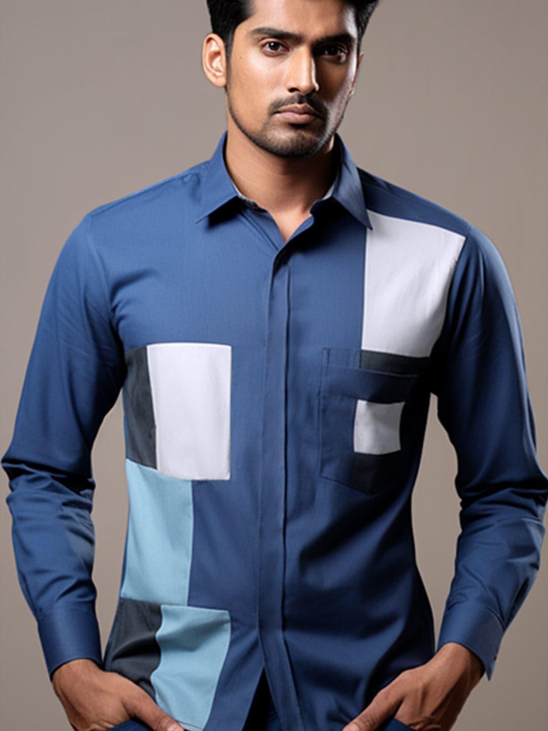 Colourblocked Smart Casual Blue Shirt - HE SPOKE - For Men