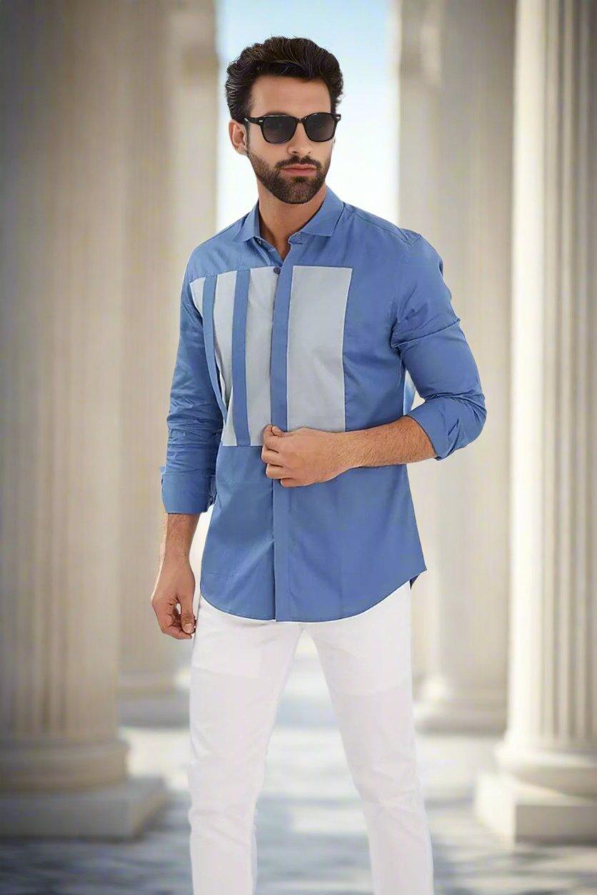 Colourblocked Smart Casual Blue Shirt - HE SPOKE - For Men