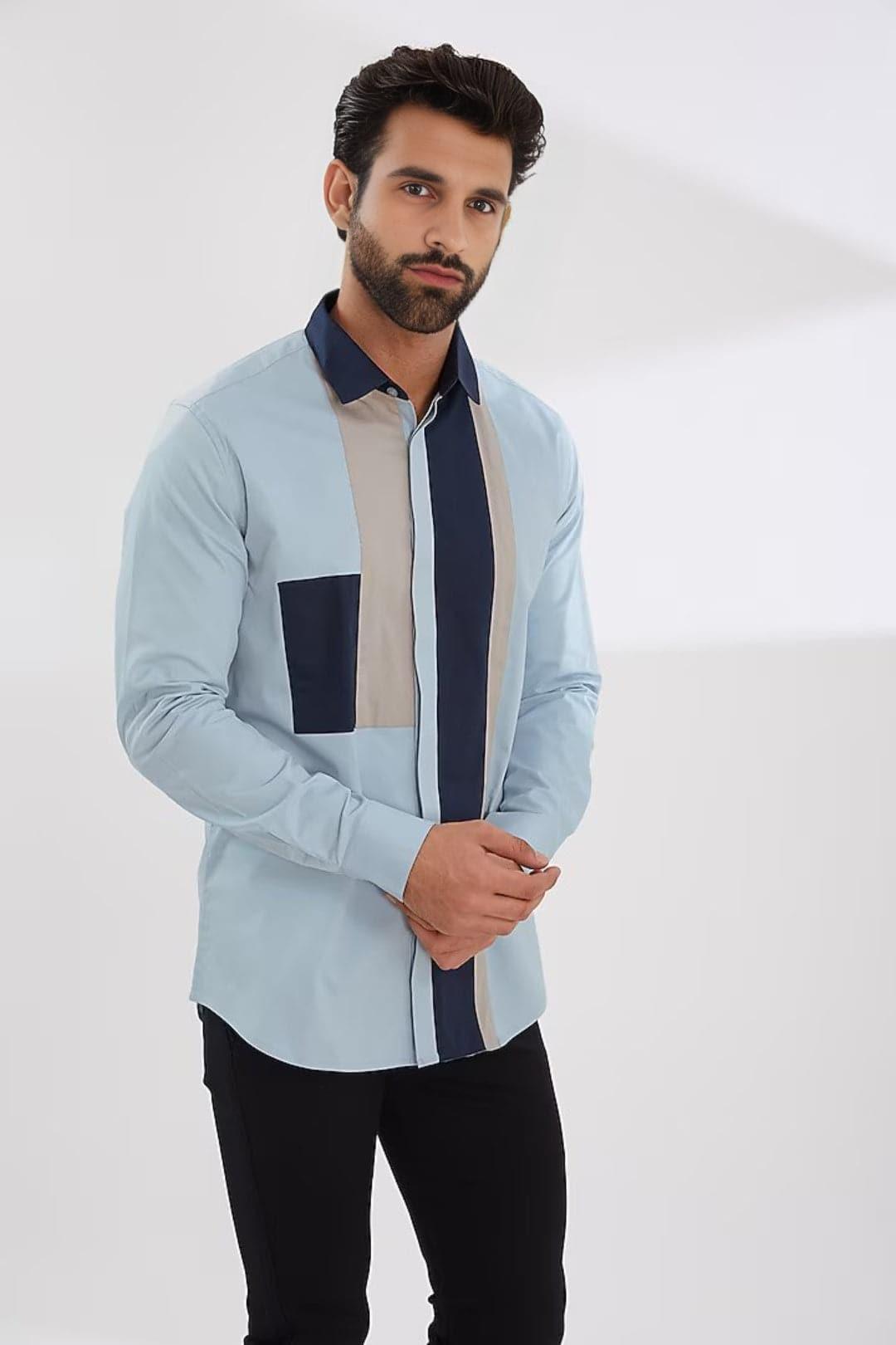 Colourblocked Smart Casual Blue Shirt - HE SPOKE - For Men