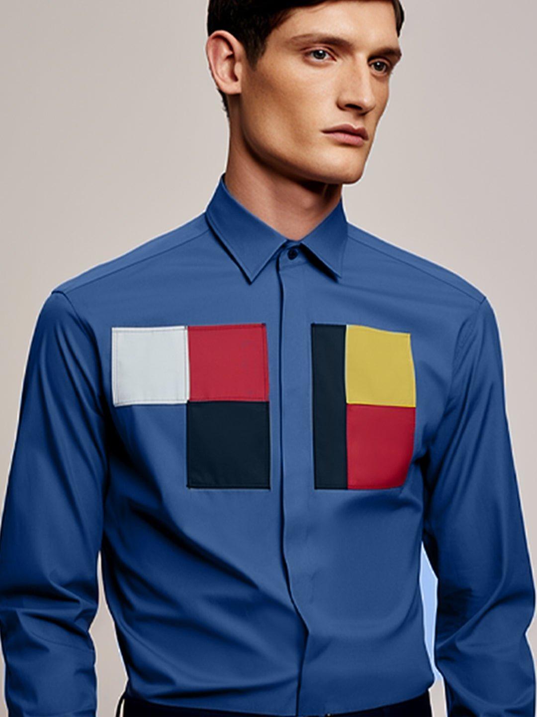 Colourblocked Smart Casual Blue Shirt - HE SPOKE - For Men