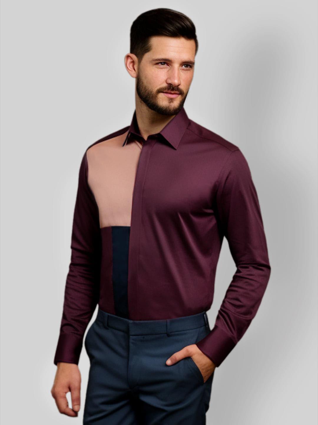 Colourblocked Smart Casual Burgundy Shirt - HE SPOKE - For Men