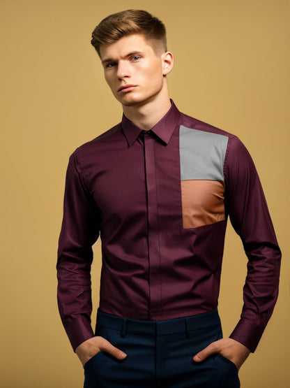 Colourblocked Smart Casual Burgundy Shirt - HE SPOKE - For Men