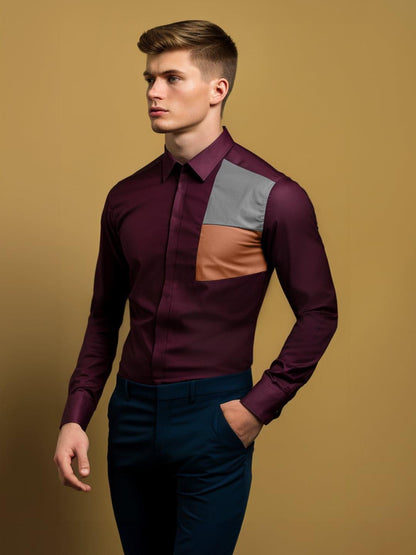 Colourblocked Smart Casual Burgundy Shirt - HE SPOKE - For Men