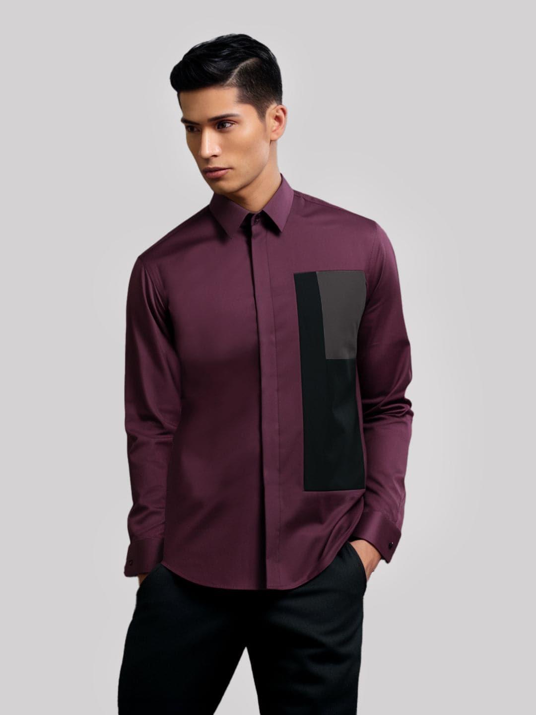 Colourblocked Smart Casual Burgundy Shirt - HE SPOKE - For Men