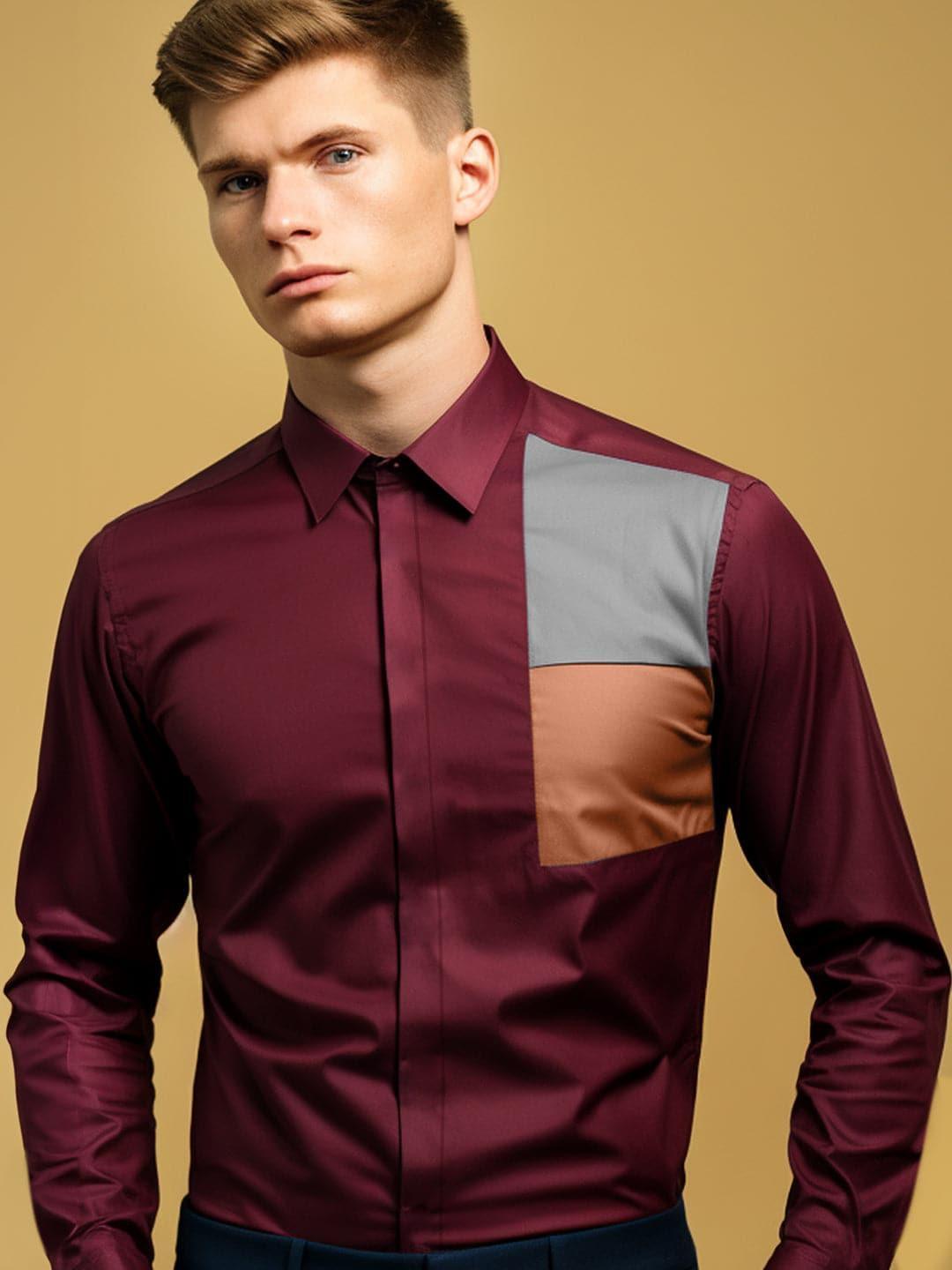 Colourblocked Smart Casual Burgundy Shirt - HE SPOKE - For Men