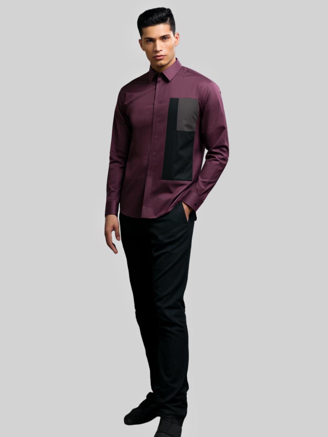 Colourblocked Smart Casual Burgundy Shirt - HE SPOKE - For Men