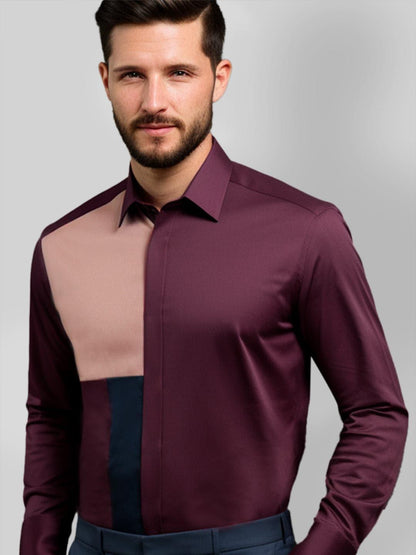 Colourblocked Smart Casual Burgundy Shirt - HE SPOKE - For Men