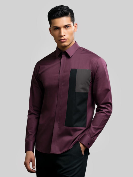 Colourblocked Smart Casual Burgundy Shirt - HE SPOKE - For Men