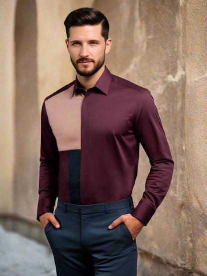 Colourblocked Smart Casual Burgundy Shirt - HE SPOKE - For Men