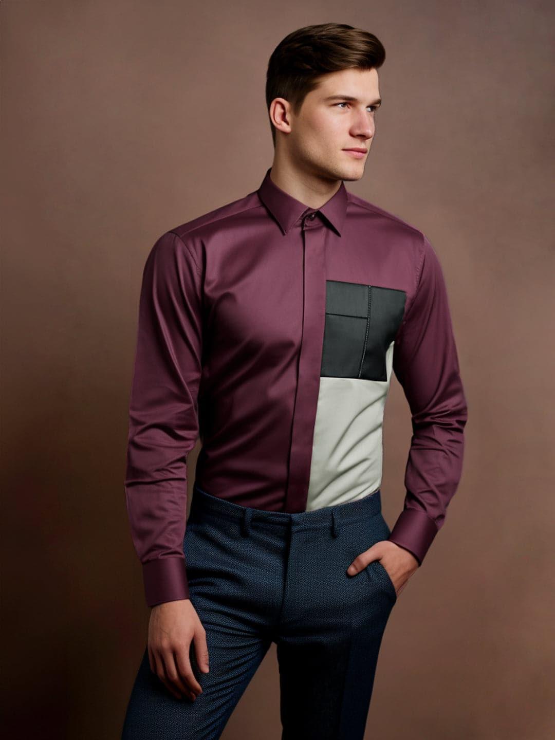 Colourblocked Smart Casual Burgundy Shirt - HE SPOKE - For Men