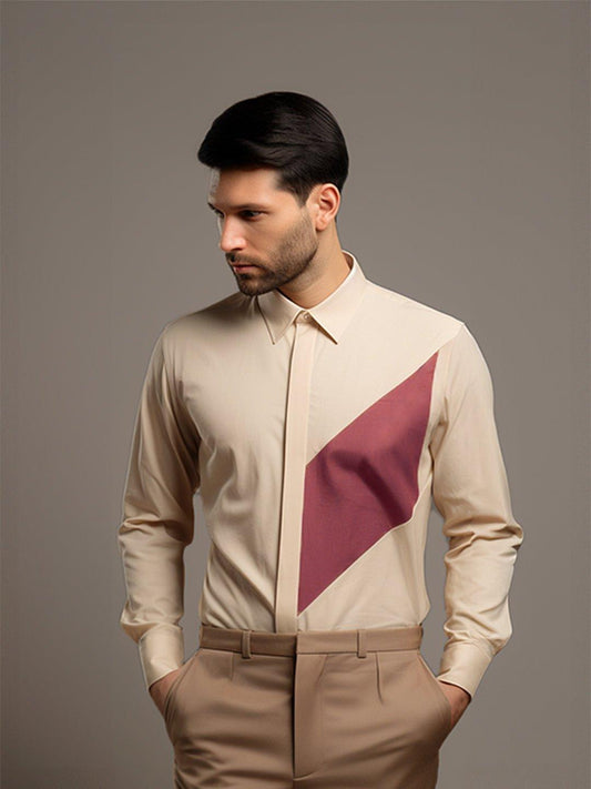 Colourblocked Smart Casual Cream Shirt - HE SPOKE - For Men