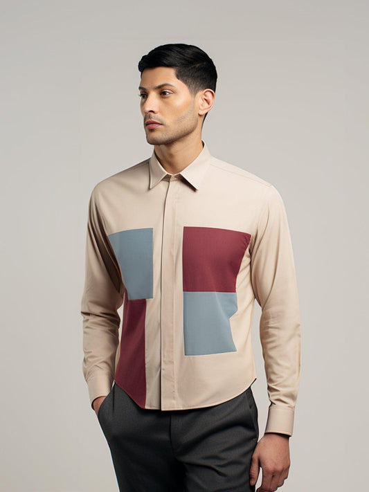 Colourblocked Smart Casual Cream Shirt - HE SPOKE - For Men