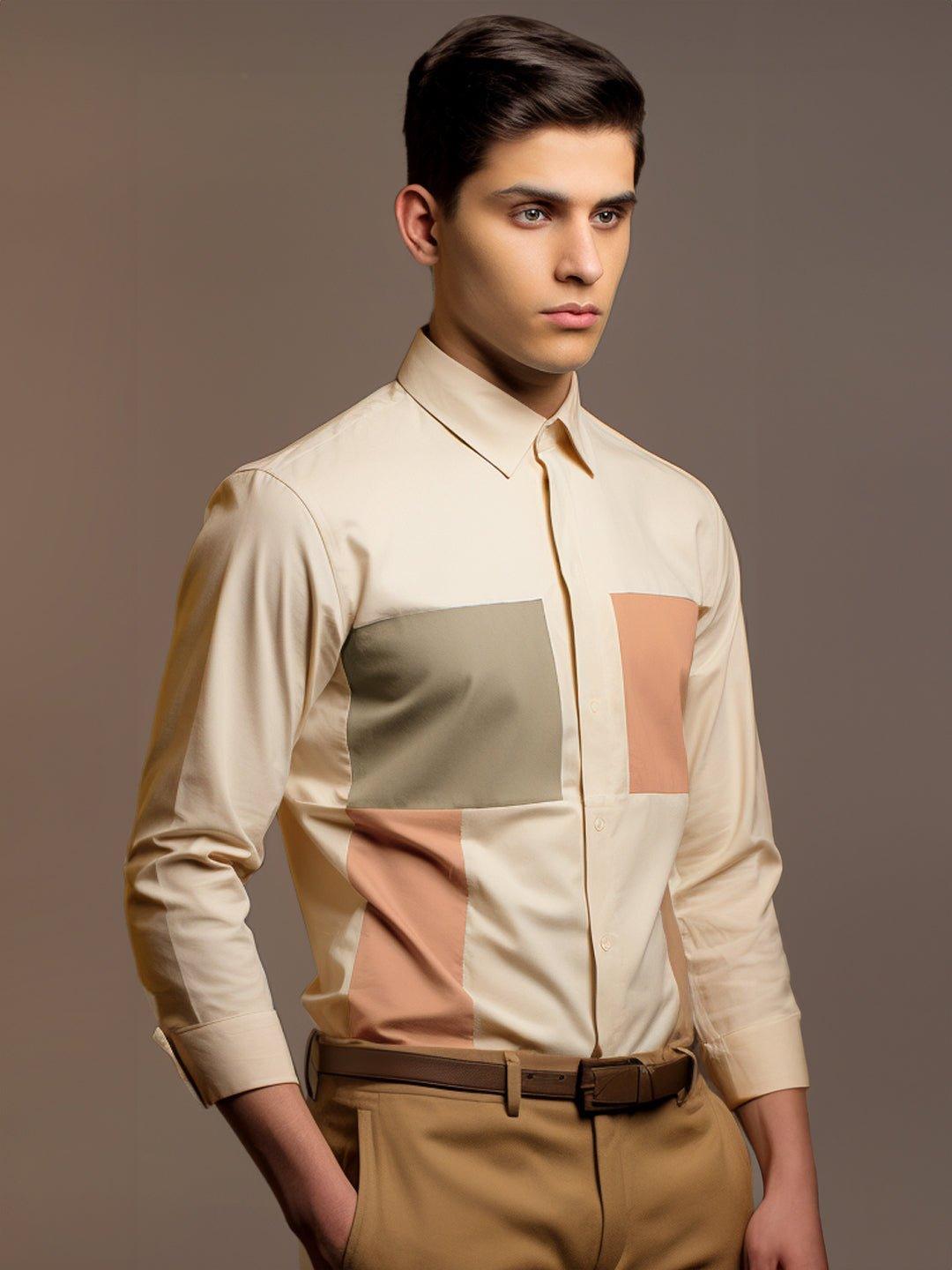 Colourblocked Smart Casual Cream Shirt - HE SPOKE - For Men