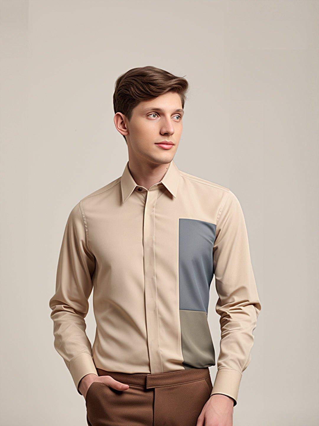 Colourblocked Smart Casual Cream Shirt - HE SPOKE - For Men