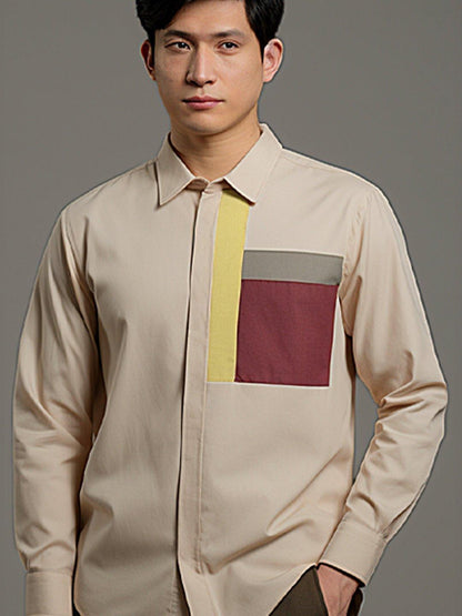 Colourblocked Smart Casual Cream Shirt - HE SPOKE - For Men