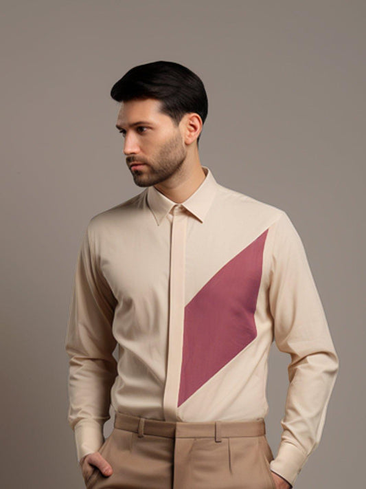 Colourblocked Smart Casual Cream Shirt - HE SPOKE - For Men