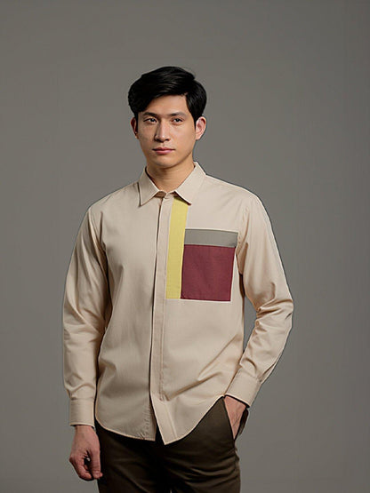 Colourblocked Smart Casual Cream Shirt - HE SPOKE - For Men