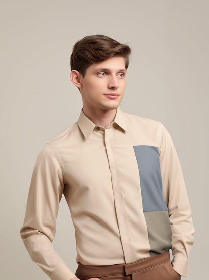 Colourblocked Smart Casual Cream Shirt - HE SPOKE - For Men