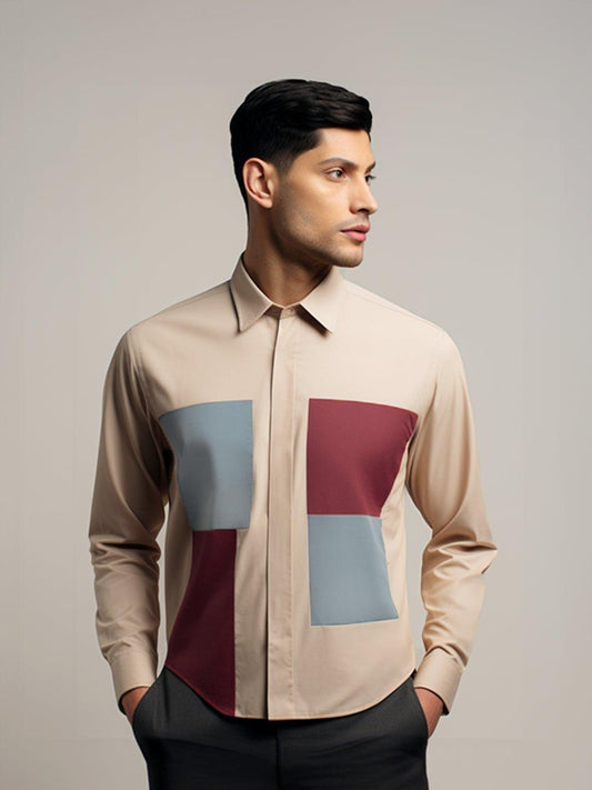 Colourblocked Smart Casual Cream Shirt - HE SPOKE - For Men