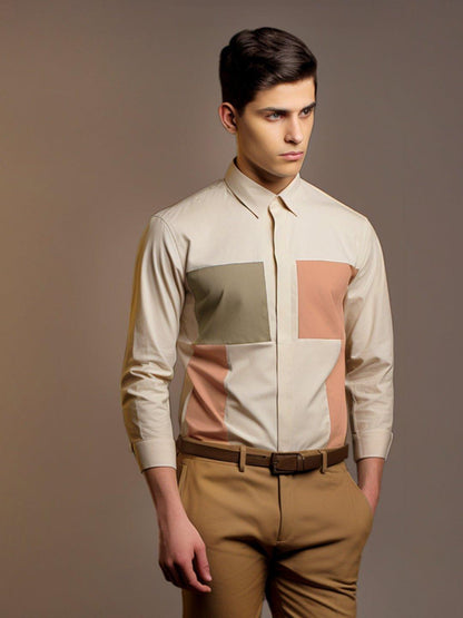 Colourblocked Smart Casual Cream Shirt - HE SPOKE - For Men