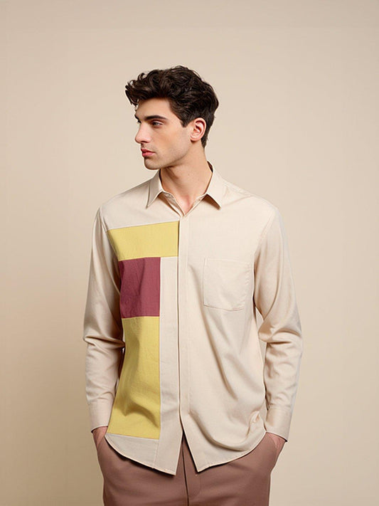 Colourblocked Smart Casual Cream Shirt - HE SPOKE - For Men