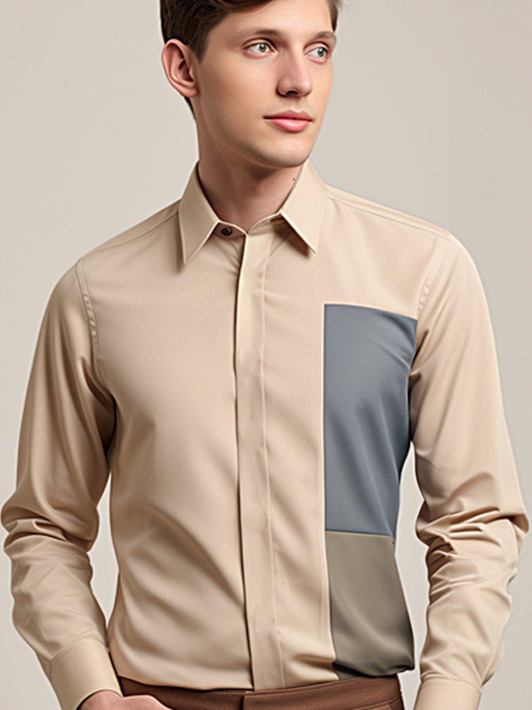 Colourblocked Smart Casual Cream Shirt - HE SPOKE - For Men