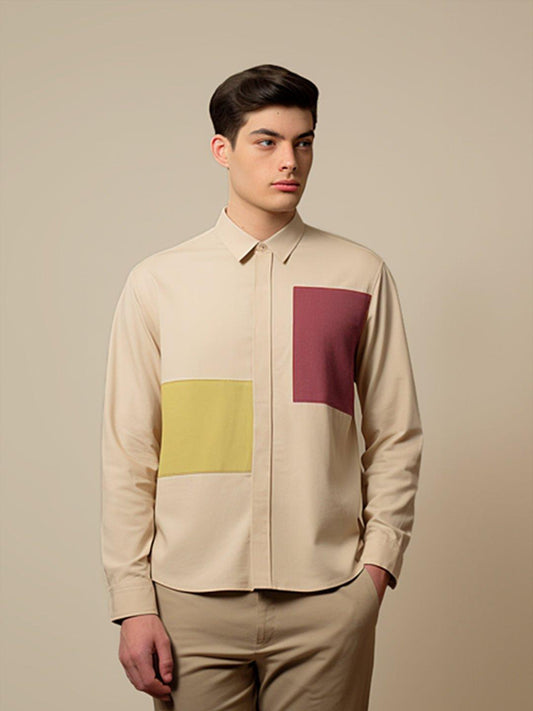 Colourblocked Smart Casual Cream Shirt - HE SPOKE - For Men