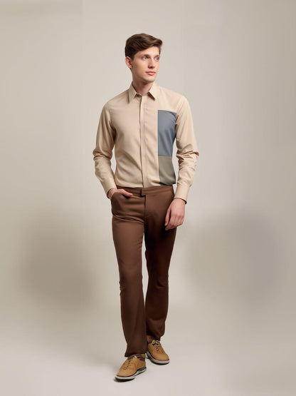 Colourblocked Smart Casual Cream Shirt - HE SPOKE - For Men