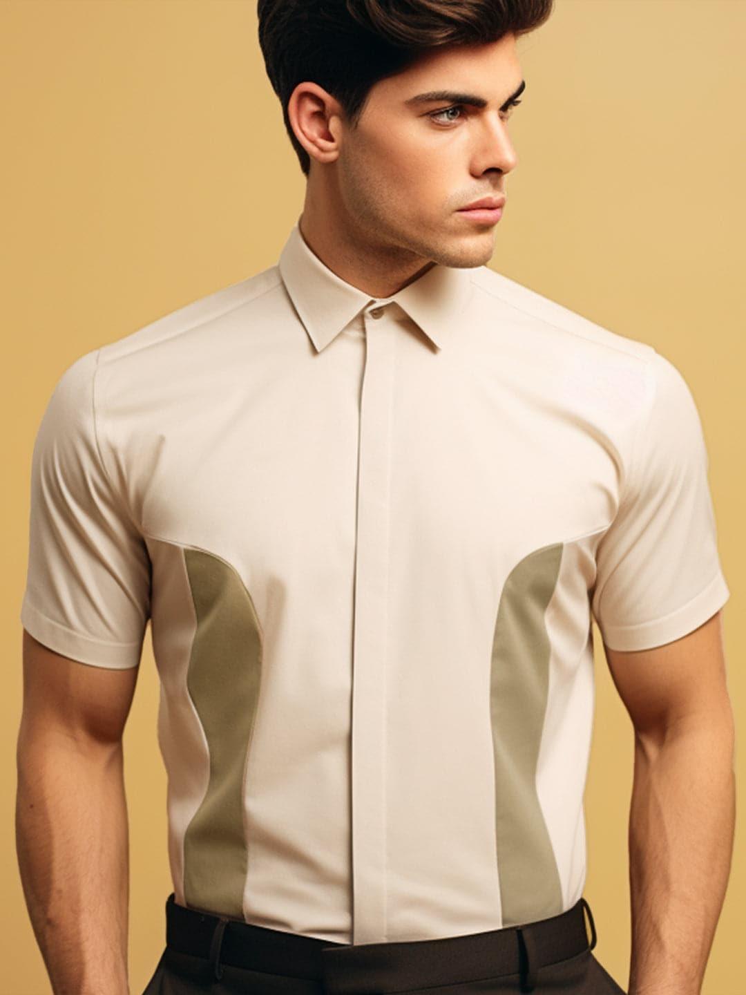 Colourblocked Smart Casual Cream Shirt - HE SPOKE - For Men