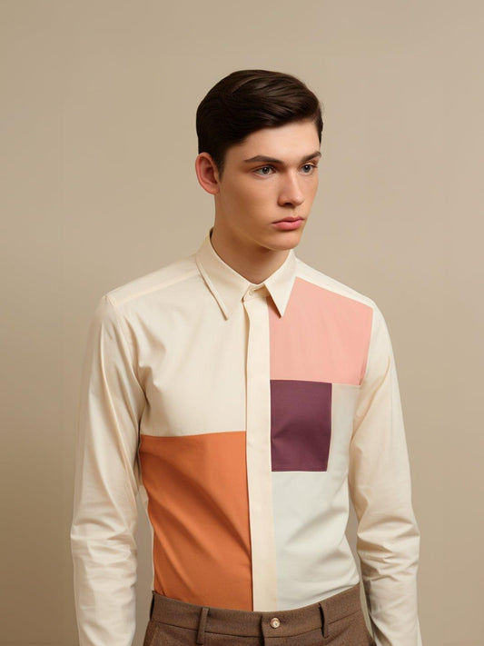 Colourblocked Smart Casual Cream Shirt - HE SPOKE - For Men