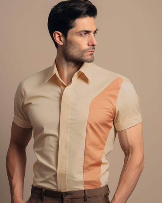 Colourblocked Smart Casual Cream Shirt - HE SPOKE - For Men