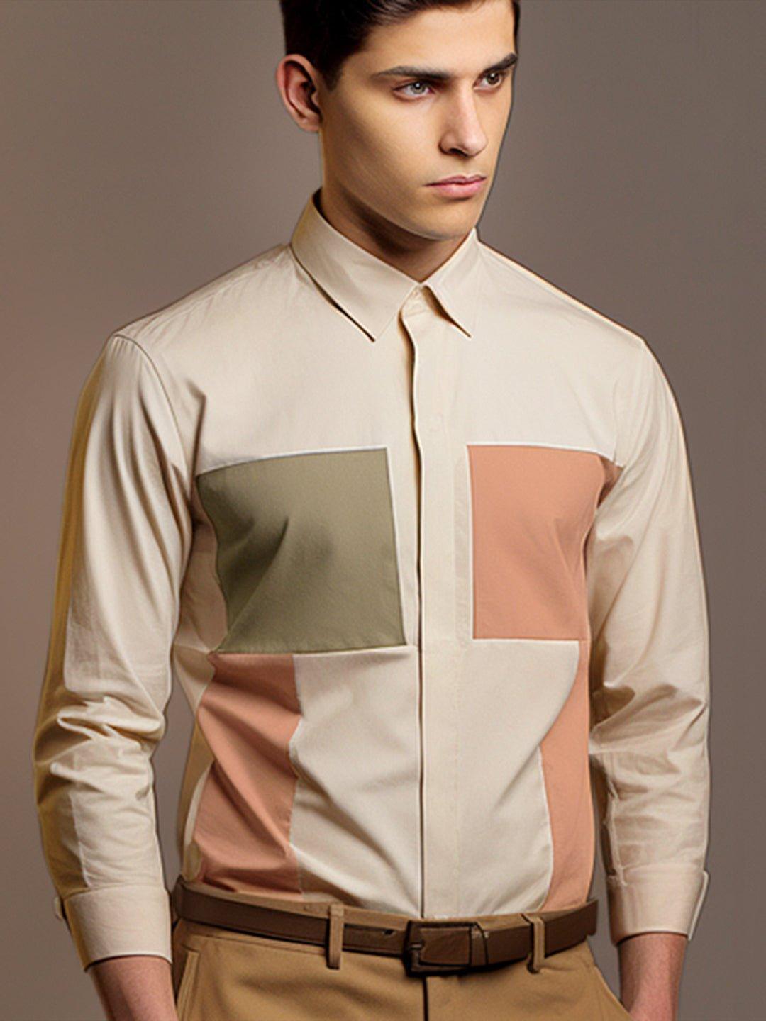 Colourblocked Smart Casual Cream Shirt - HE SPOKE - For Men