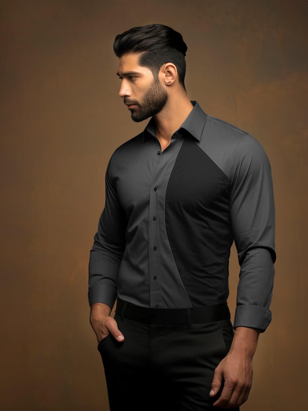 Colourblocked Smart Casual Dark Grey Shirt - HE SPOKE - For Men