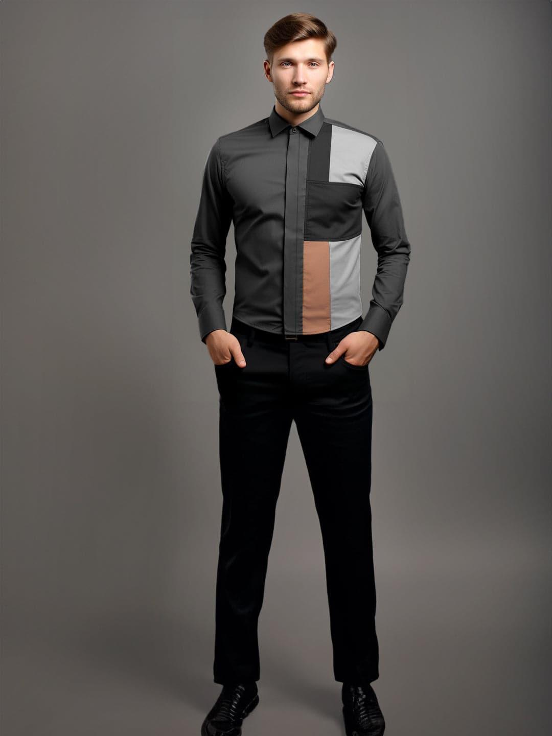 Colourblocked Smart Casual Dark Grey Shirt - HE SPOKE - For Men