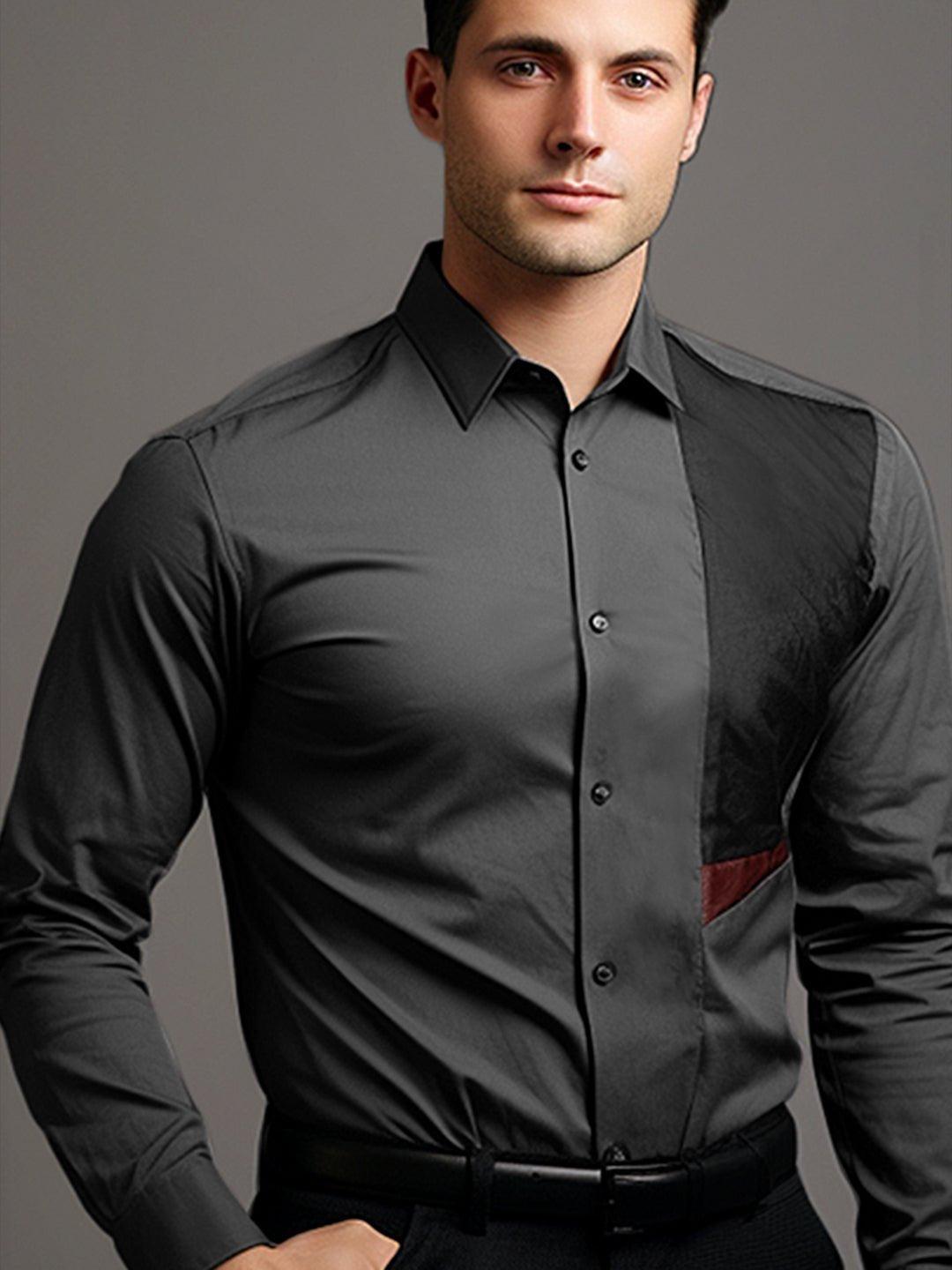 Colourblocked Smart Casual Dark Grey Shirt - HE SPOKE - For Men