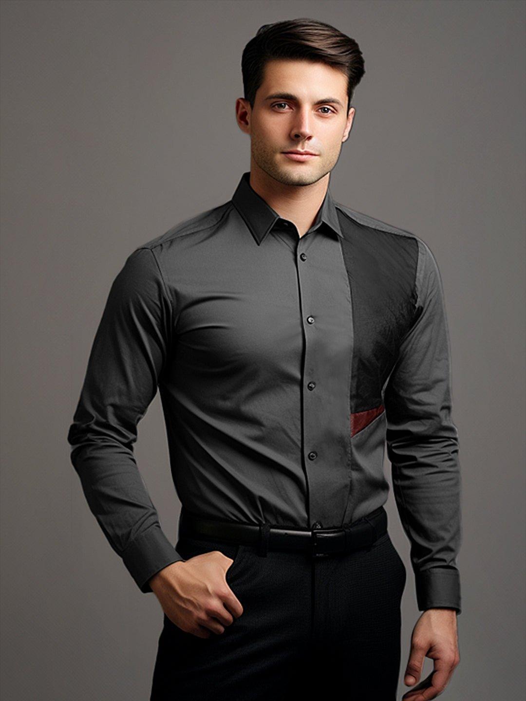 Colourblocked Smart Casual Dark Grey Shirt - HE SPOKE - For Men