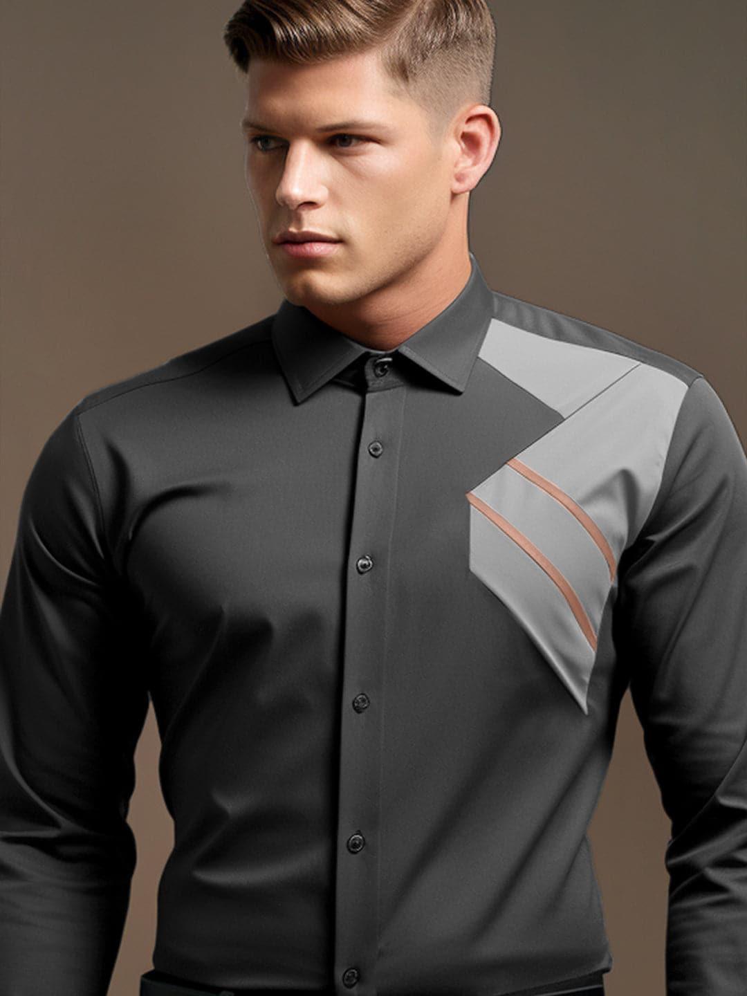 Colourblocked Smart Casual Dark Grey Shirt - HE SPOKE - For Men