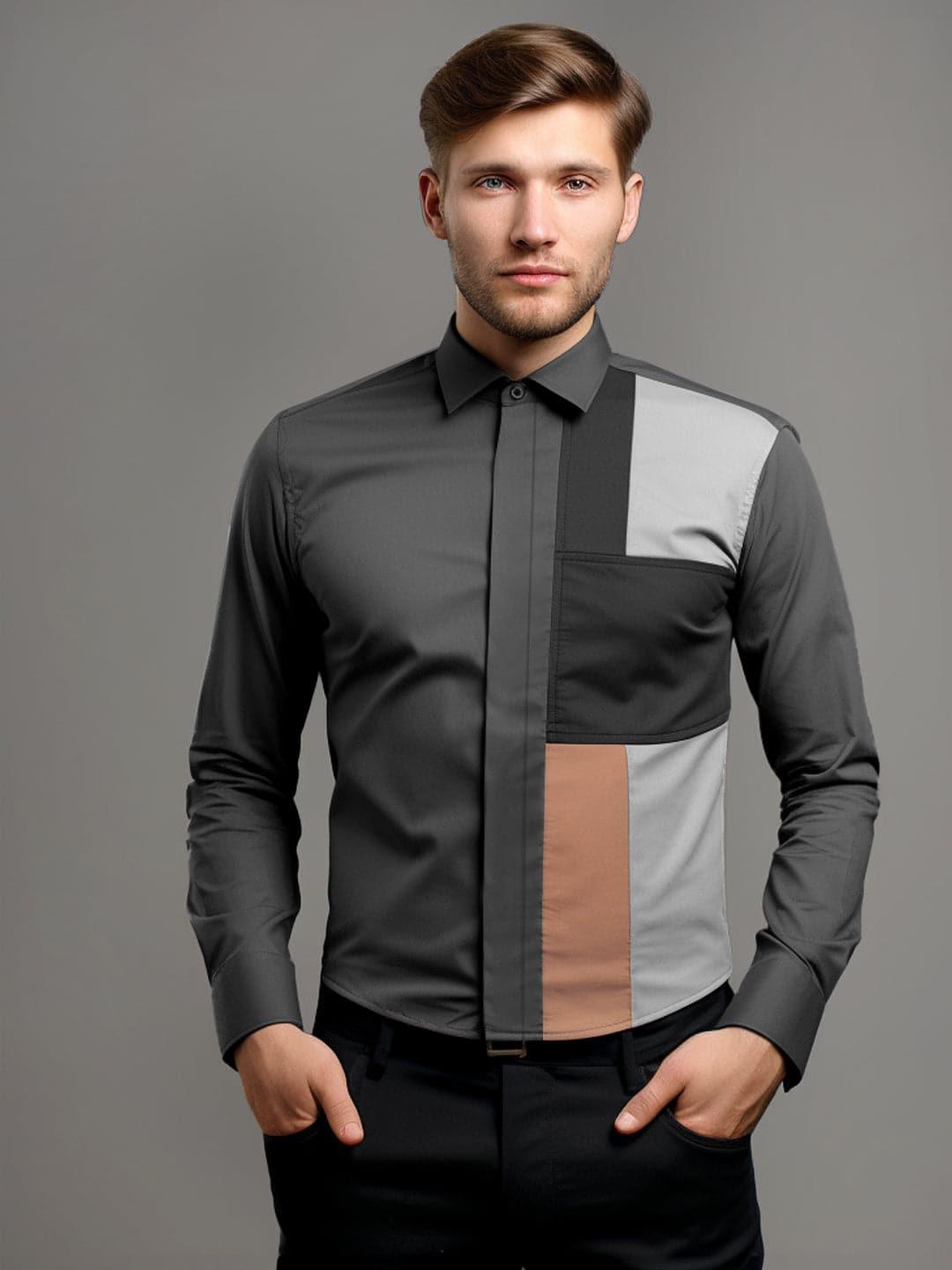 Colourblocked Smart Casual Dark Grey Shirt - HE SPOKE - For Men