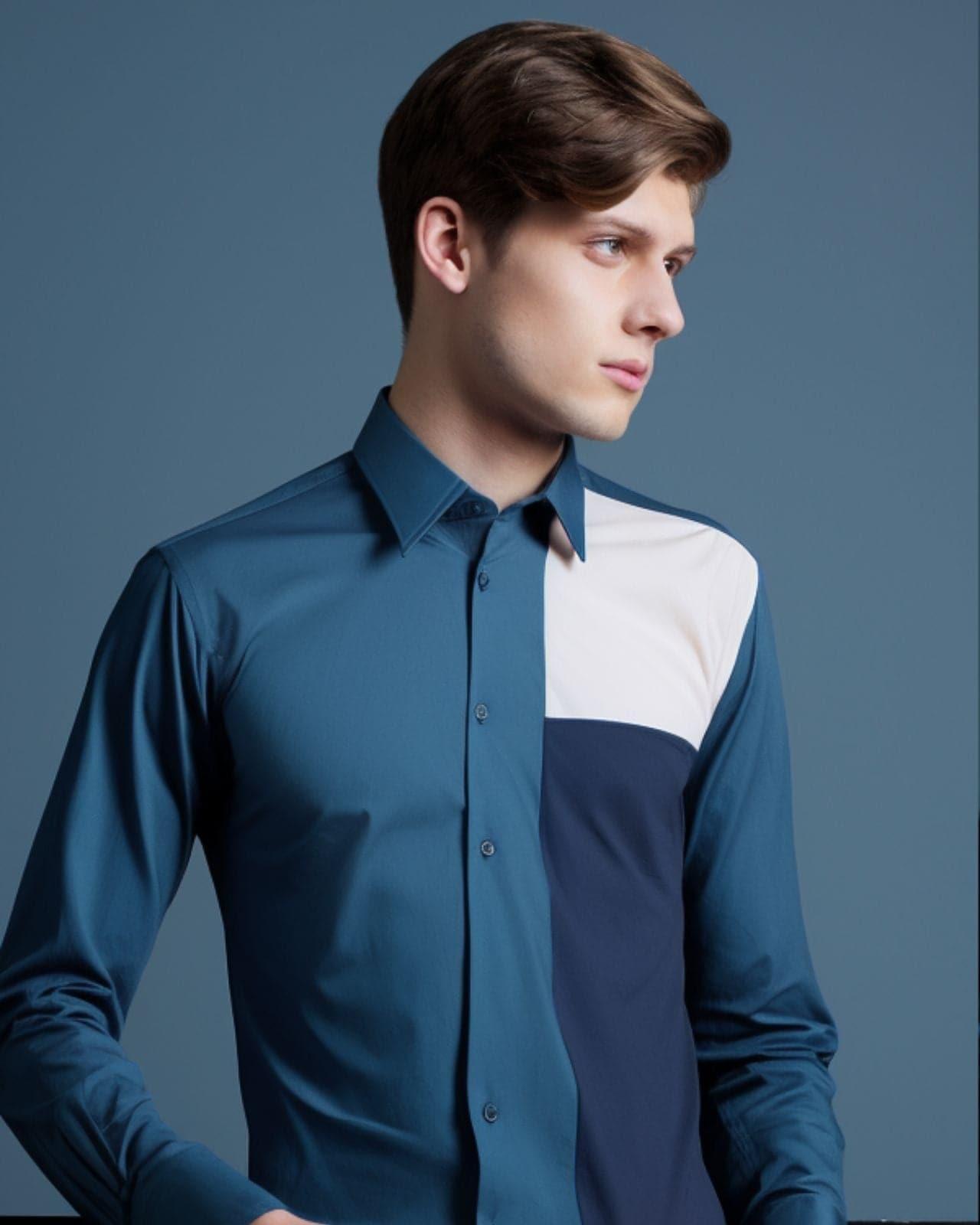 Colourblocked Smart Casual Forest Blue Shirt - HE SPOKE - For Men