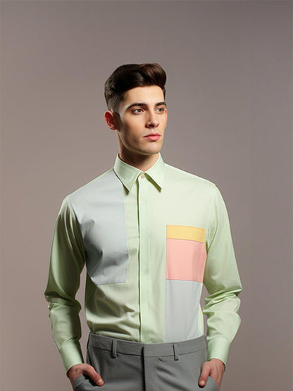 Colourblocked Smart Casual Green Shirt - HE SPOKE - For Men