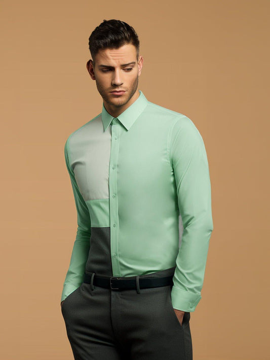 Colourblocked Smart Casual Green Shirt - HE SPOKE - For Men